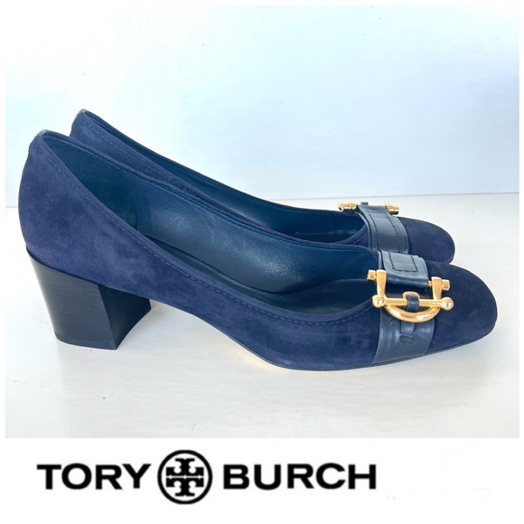 Tory Burch Shoes - TORY BURCH Noel Navy Blue Suede Gold Horse Bit Vntg Closed Toe Heel Pump Sz 8 M